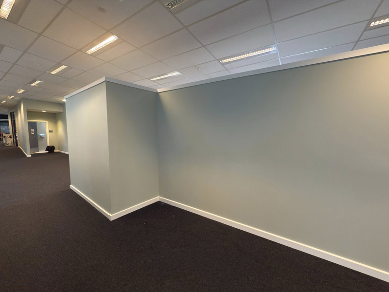 New partition wall painted pale green in a carpeted office