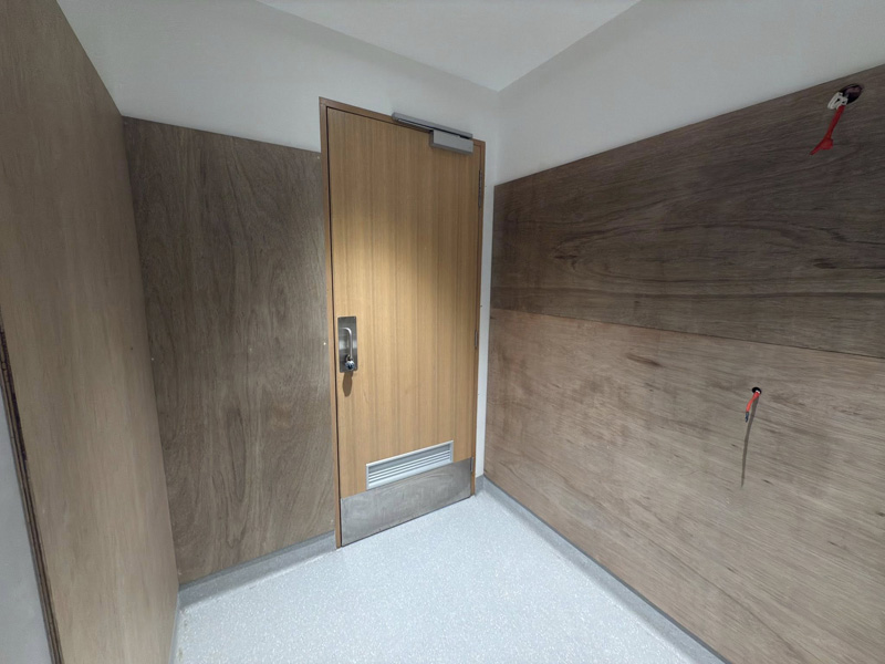 Small room with timber-look wall panels, a timber door and vinyl floor