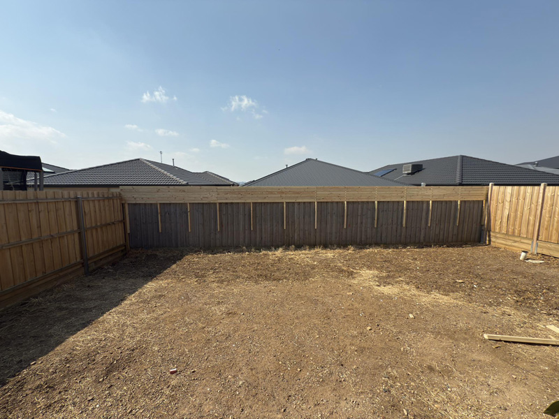 Backyard of bare soil enclosed by new timber paling fences