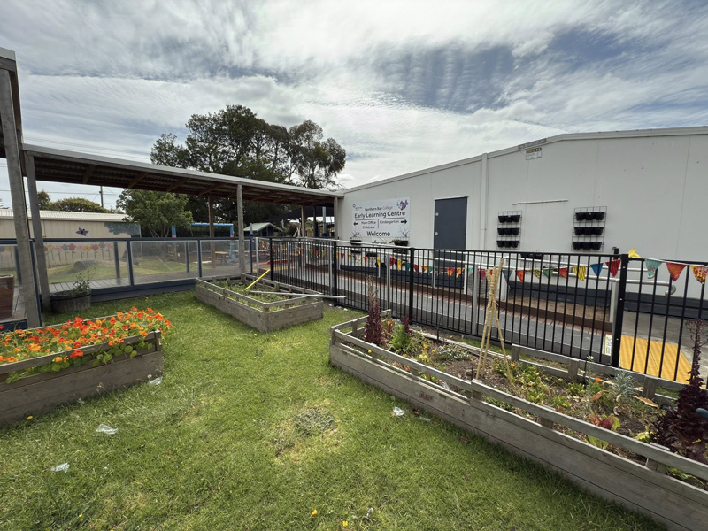 Raised timber garden beds with flowers on a lawn beside a black fence